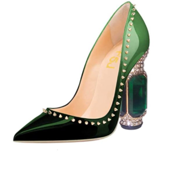 FSJ Shoes - FSJ Green Gradient Pointed Toe Chunky Crystal Pump